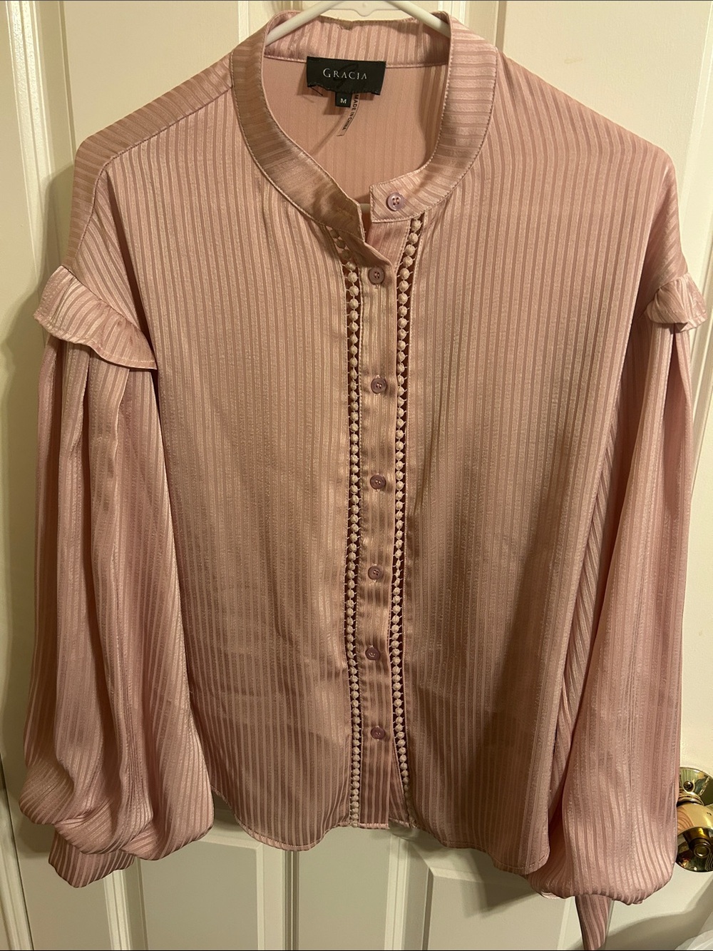 Gracia Dusty Rose Button-Front Ruffled Balloon Sleeve Blouse
